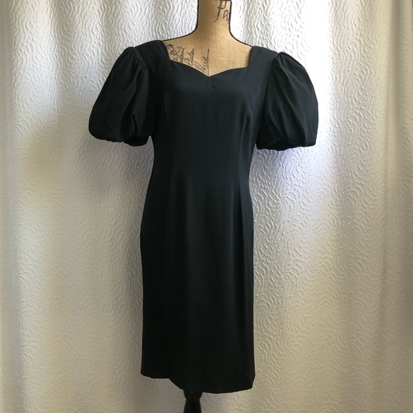 Vintage Dresses & Skirts - Vintage Black Square Sweatheart Neckline Puff Sleeve 100% Midi Silk Dress
